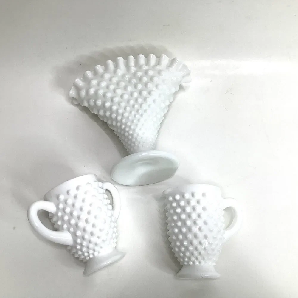 3 Hobnail Fenton Ruffled White‎ Milk Glass Creamer Sugar Cup Fan Vase Fenton?